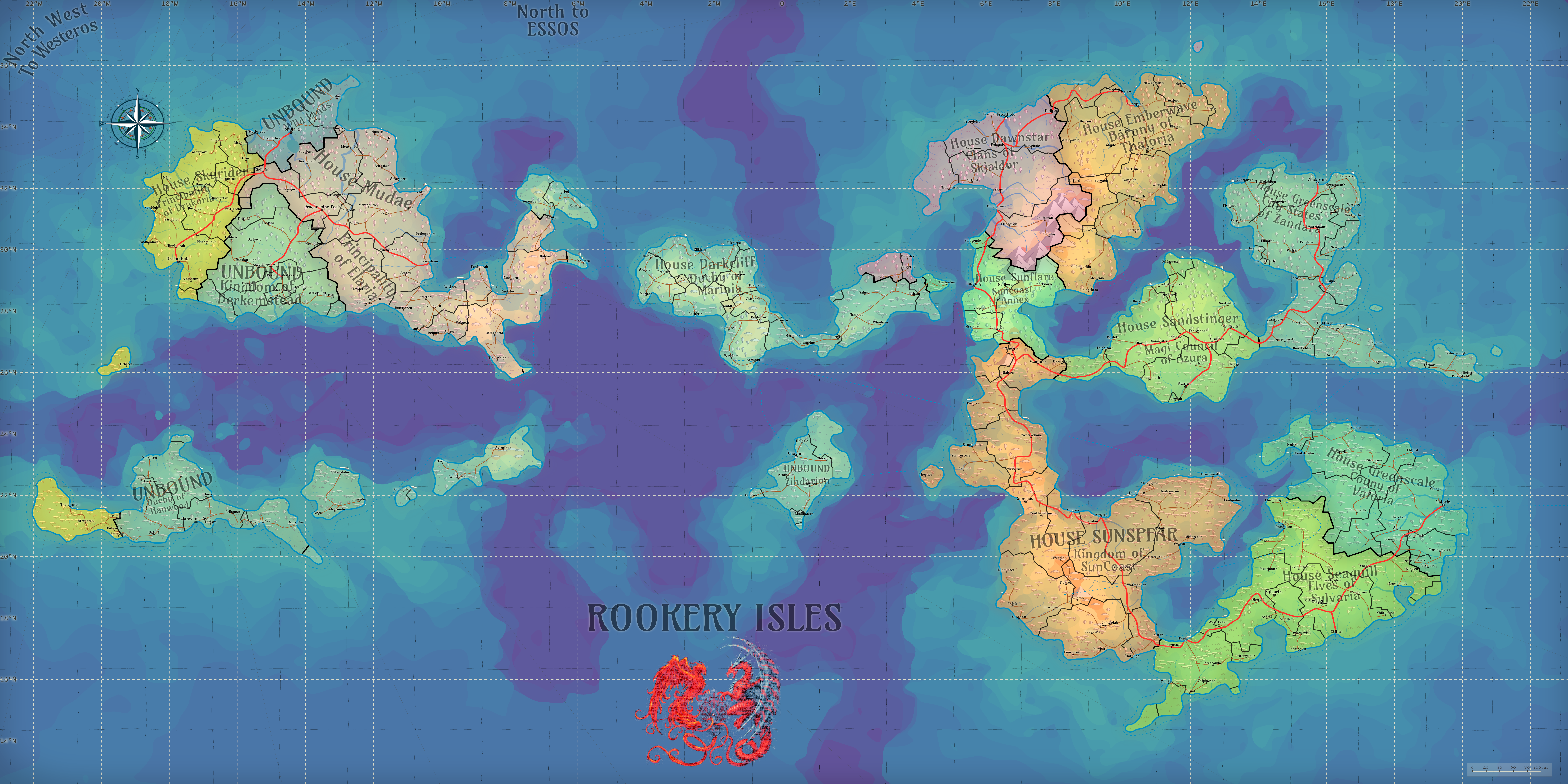 Political Map of the Rookery Isles showing all major houses and territories